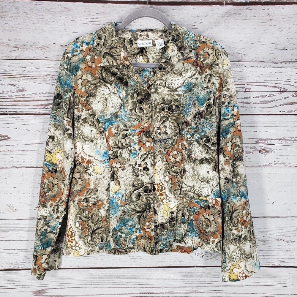 Chico's Womens Floral Pockets Button Front Jacket Size 1